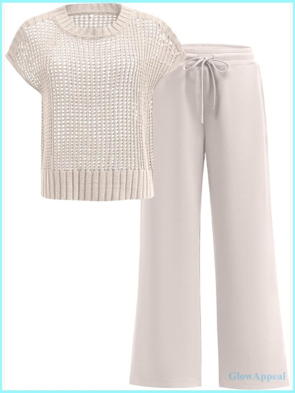 Two Piece Outfits Crochet Sheer Knit Sweater Top Wide Leg Pants Lounge Matching
